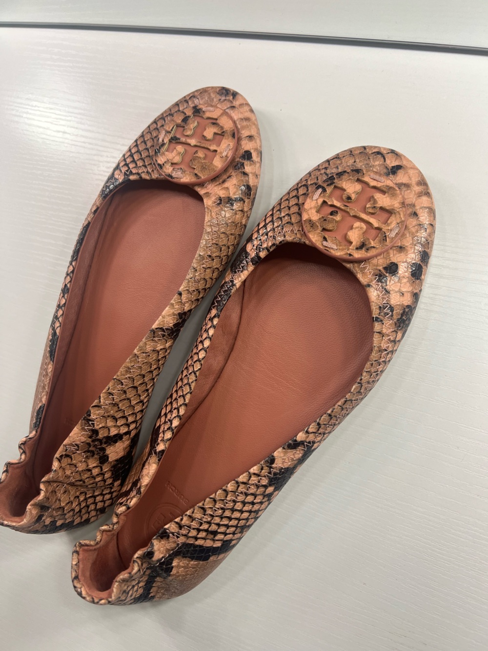 Tory Burch Pink Tan Snake-Print Reva Ballet Flats